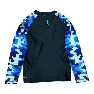 Dexwear Youth Small Medium Long Sleeve Blue Camo Rash Guard Shirt Swim Top